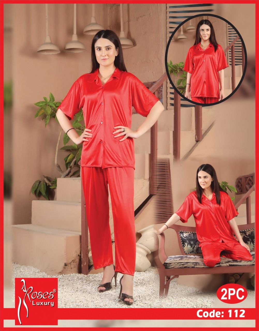 2 Piece Women's Top Relaxing Soft Silk Sleepwear (NN-112-Red) - Oshi.pk - Buy & Sell Online