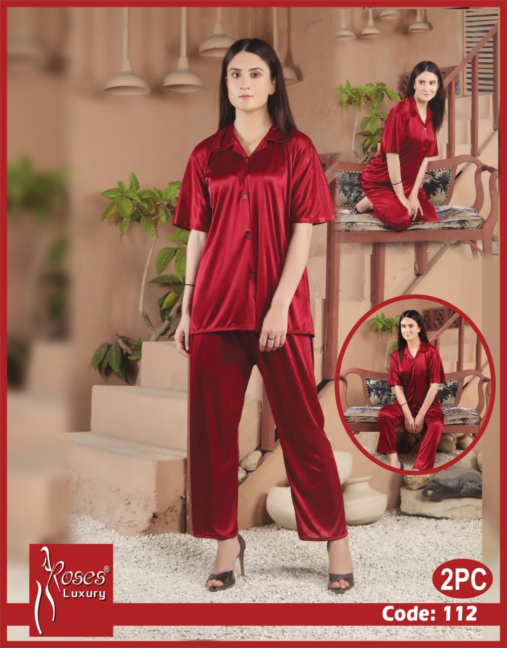 2 Piece Women's Top Relaxing Soft Silk Sleepwear (NN-112-Maroon) - Oshi.pk - Buy & Sell Online