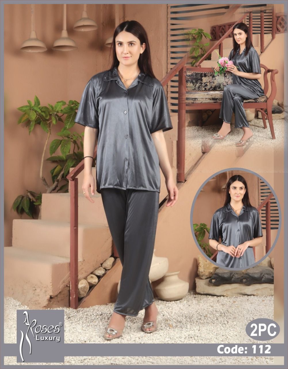 2 Piece Women's Top Relaxing Soft Silk Sleepwear (NN-112-Grey) - Oshi.pk - Buy & Sell Online