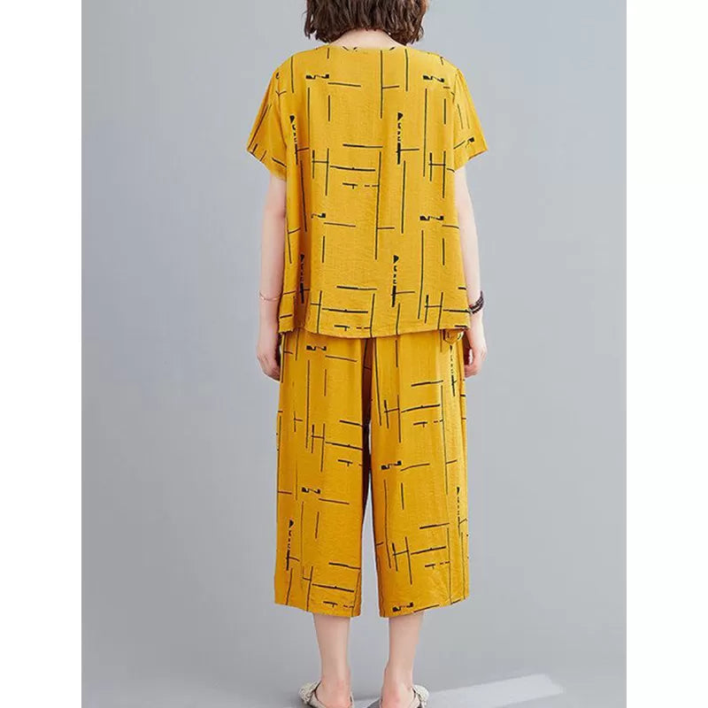 2 Pieces Yellow Loose Elegant Women's Summer Cotton Linen Capri Plazo Suits Short Sleeve