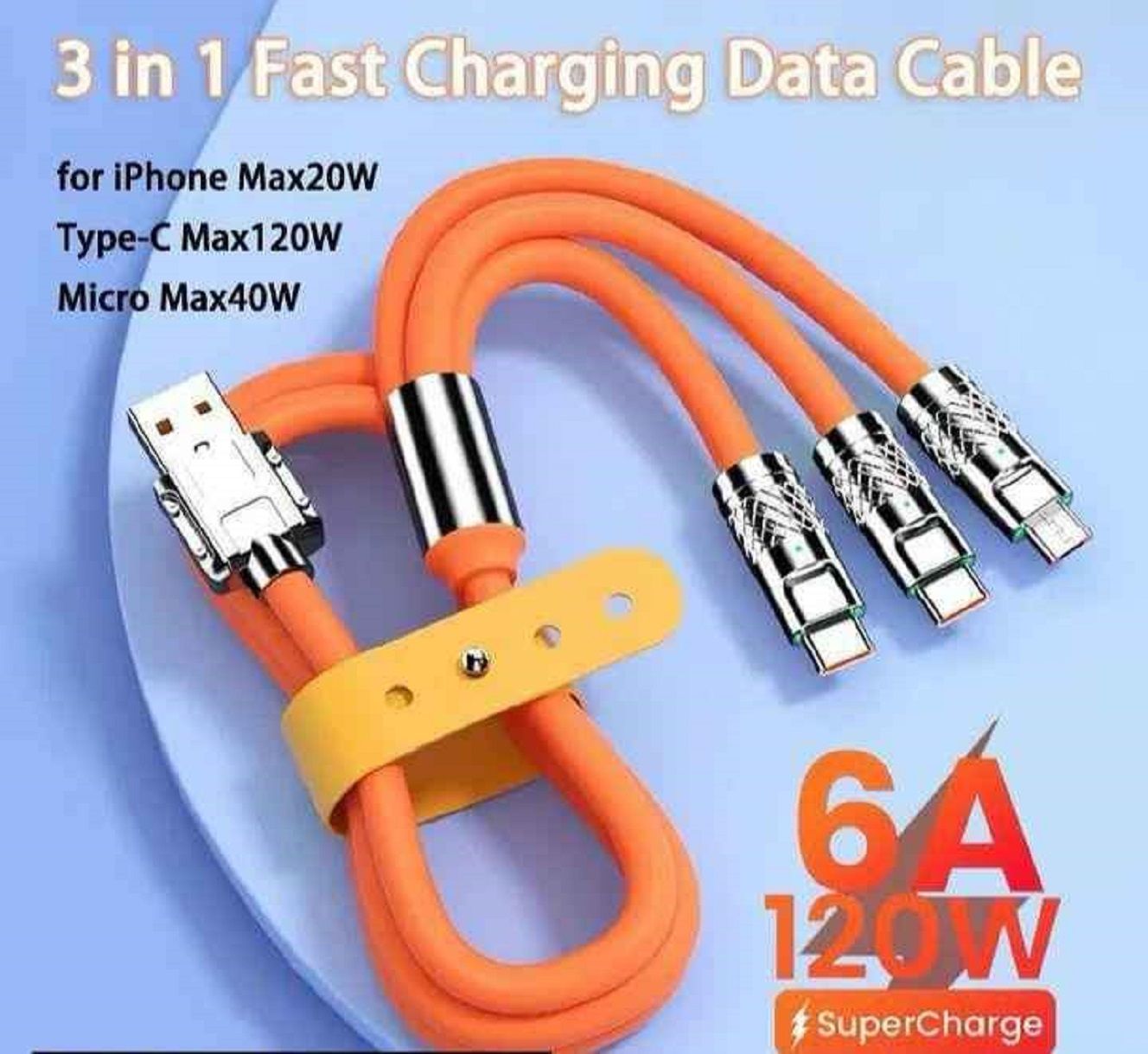 3 IN 1 Alloy Charging Cable 120W 6A Super Fast Charger USB Protection For iPhone Micro USB Type-C 8-Pin Charging Cable - Oshi.pk - Buy & Sell Online