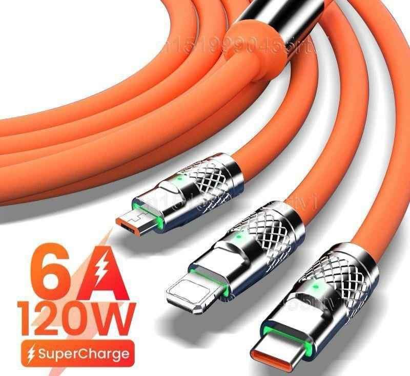 3 IN 1 Alloy Charging Cable 120W 6A Super Fast Charger USB Protection For iPhone Micro USB Type-C 8-Pin Charging Cable - Oshi.pk - Buy & Sell Online