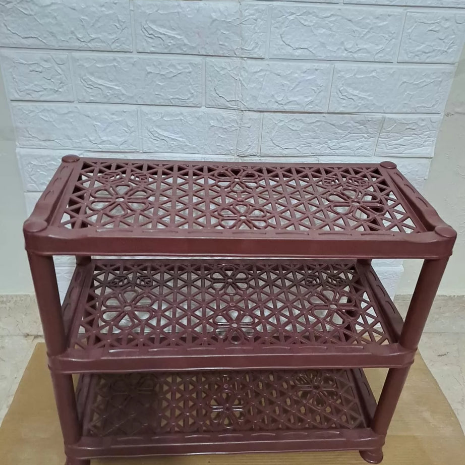 3 Layers Plastic Shoe Rack Kitchen Stand Lightweight Shoe Organizer Entryway Hallway Closet Flower Design Dark Brown