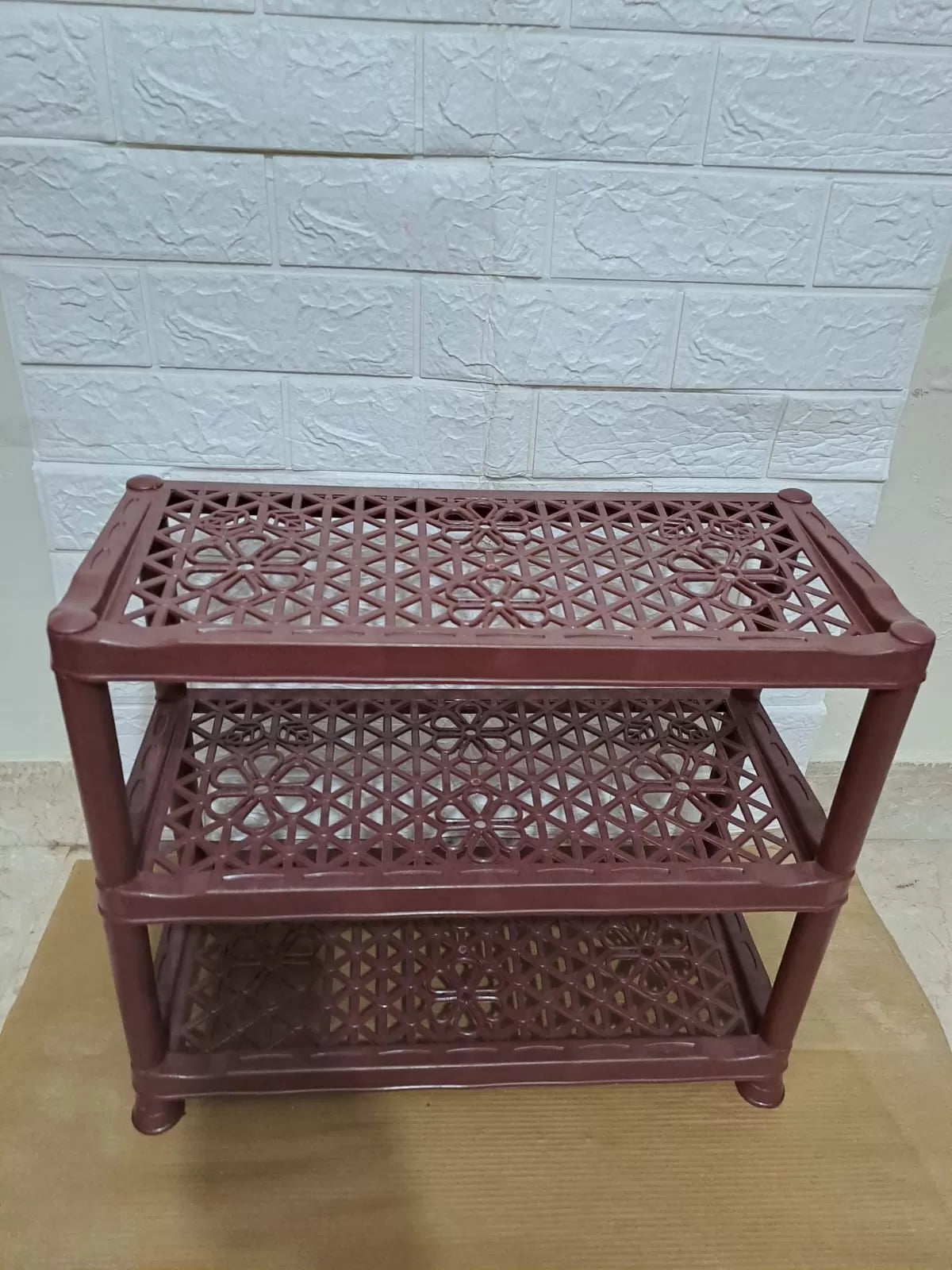 3 Layers Plastic Shoe Rack Kitchen Stand Lightweight Shoe Organizer Entryway Hallway Closet Flower Design Dark Brown