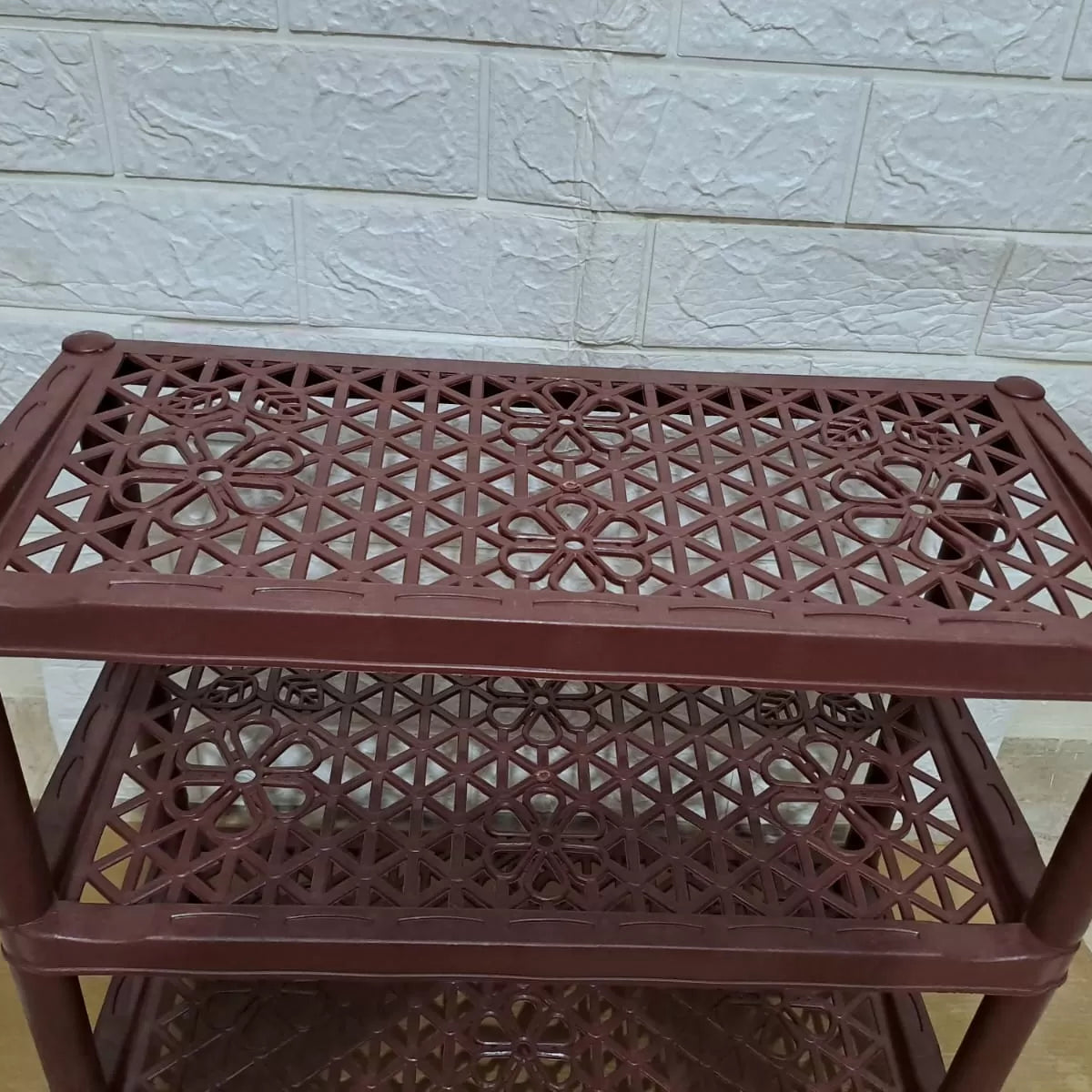 3 Layers Plastic Shoe Rack Kitchen Stand Lightweight Shoe Organizer Entryway Hallway Closet Flower Design Dark Brown