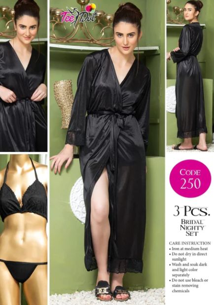 3 Piece Women's Top Relaxing Soft Silk Sleepwear (NN-250-Black) - Oshi.pk - Buy & Sell Online