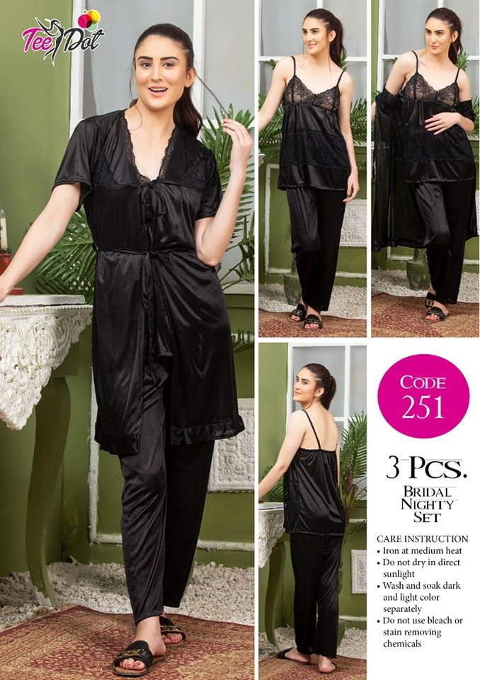 3 Piece Women's Top Relaxing Soft Silk Sleepwear (NN-251-Black) - Oshi.pk - Buy & Sell Online