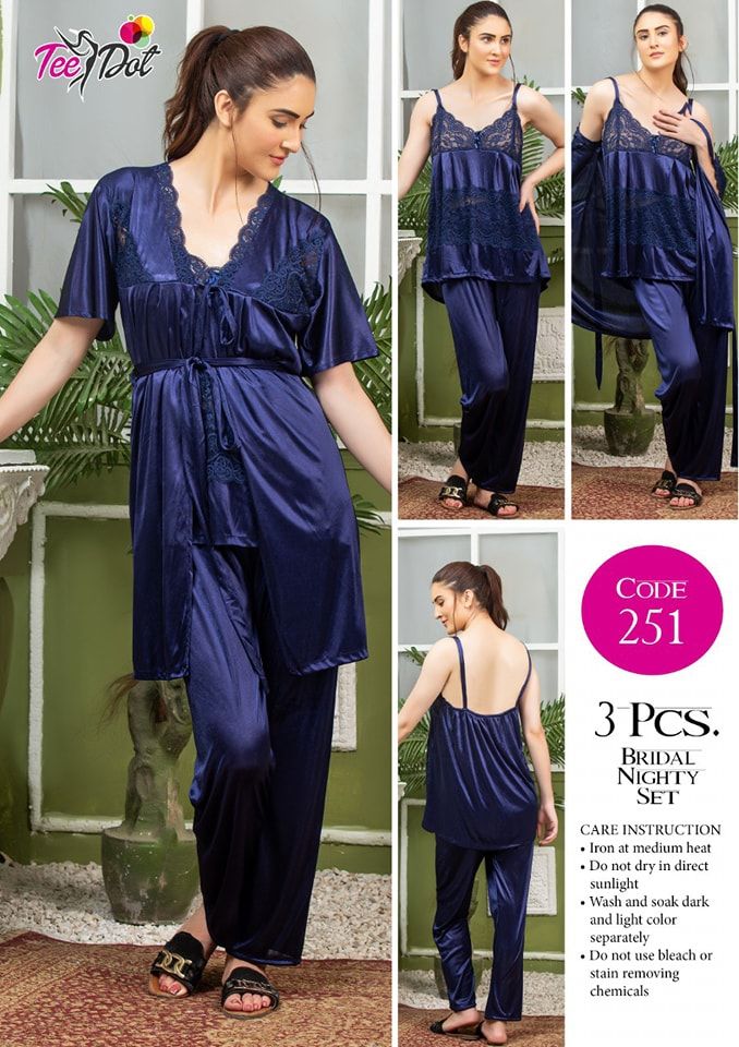 3 Piece Women's Top Relaxing Soft Silk Sleepwear (NN-251-Blue) - Oshi.pk - Buy & Sell Online