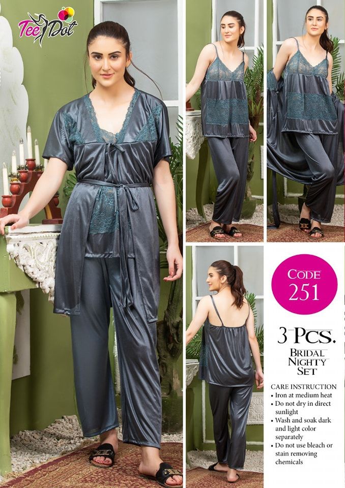 3 Piece Women's Top Relaxing Soft Silk Sleepwear (NN-251-Grey) - Oshi.pk - Buy & Sell Online