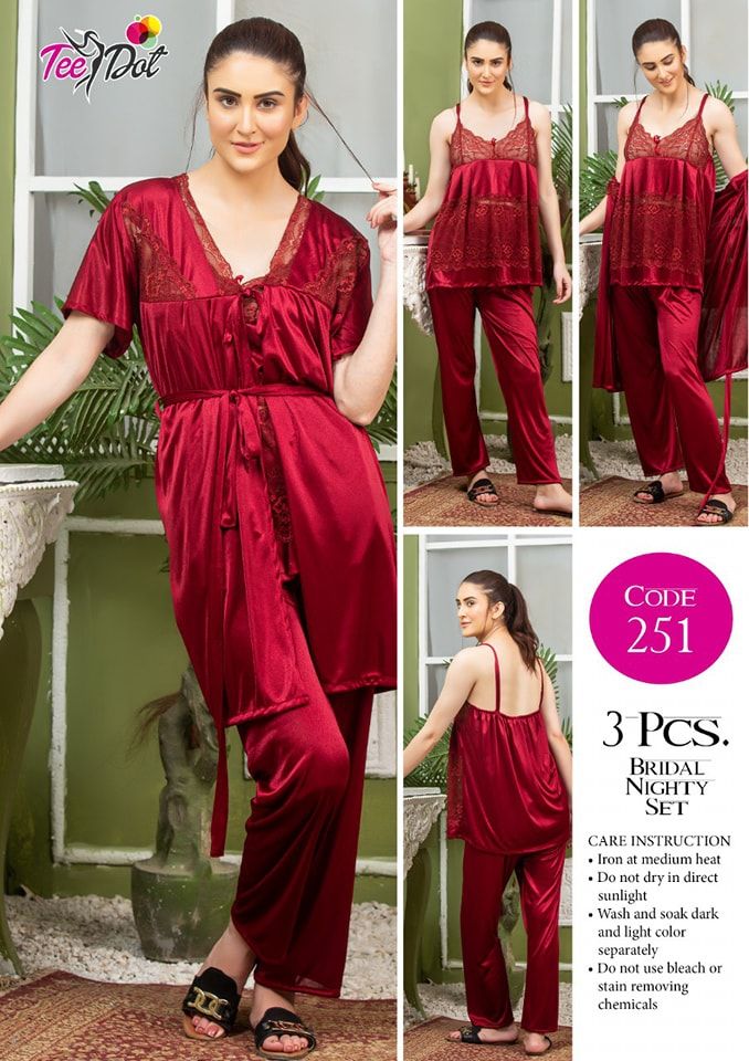 3 Piece Women's Top Relaxing Soft Silk Sleepwear (NN-251-Maroon) - Oshi.pk - Buy & Sell Online