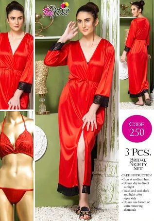 3 Piece Women's Top Relaxing Soft Silk Sleepwear (NN-250-Red) - Oshi.pk - Buy & Sell Online
