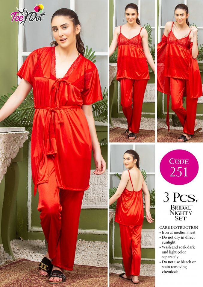 3 Piece Women's Top Relaxing Soft Silk Sleepwear (NN-251-Red) - Oshi.pk - Buy & Sell Online