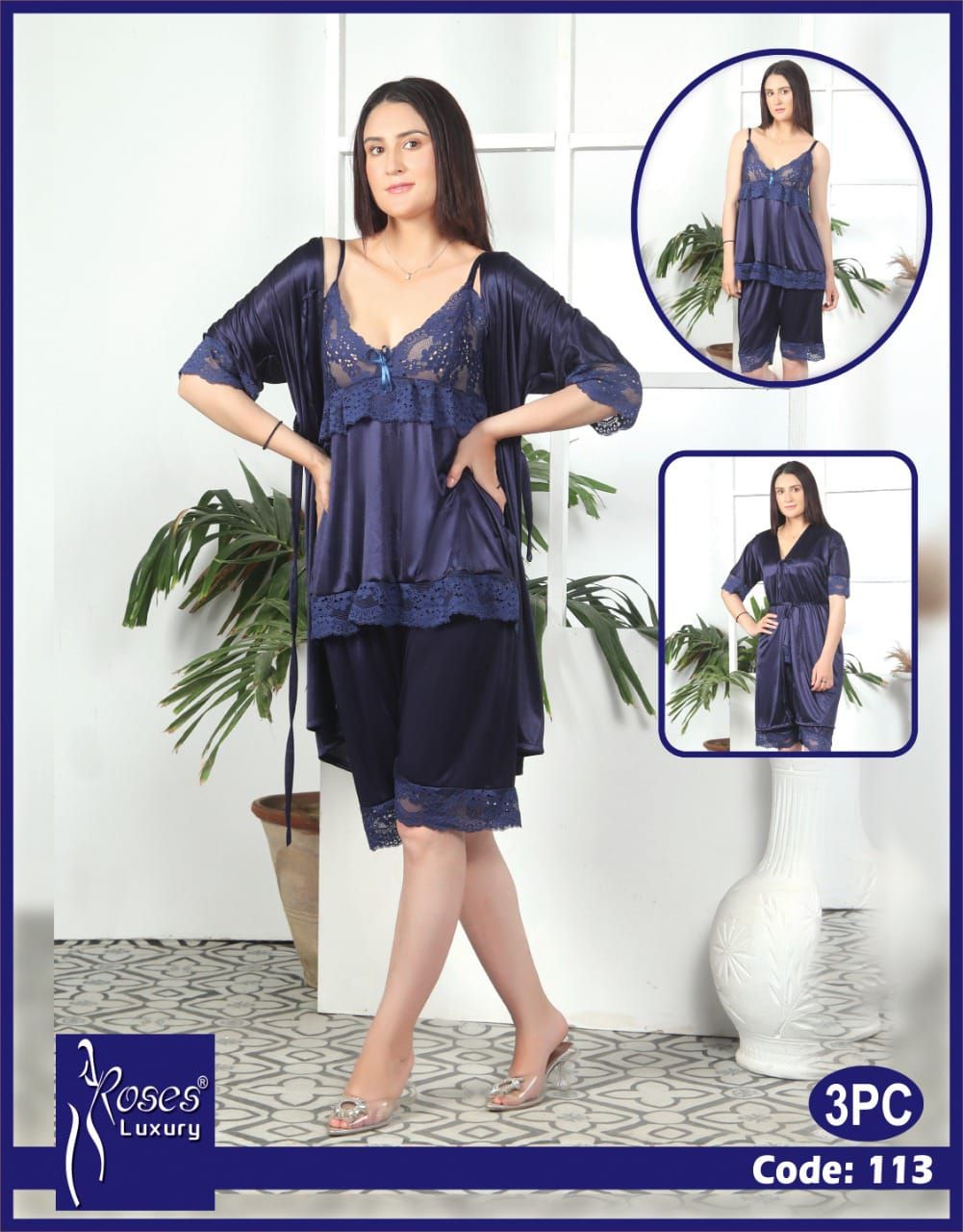3 Piece Women's Top Relaxing Soft Silk Sleepwear (NN-113-Blue) - Oshi.pk - Buy & Sell Online