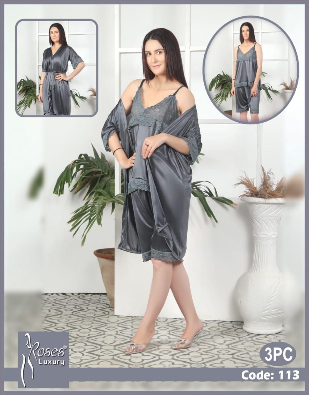 3 Piece Women's Top Relaxing Soft Silk Sleepwear (NN-113-Grey) - Oshi.pk - Buy & Sell Online