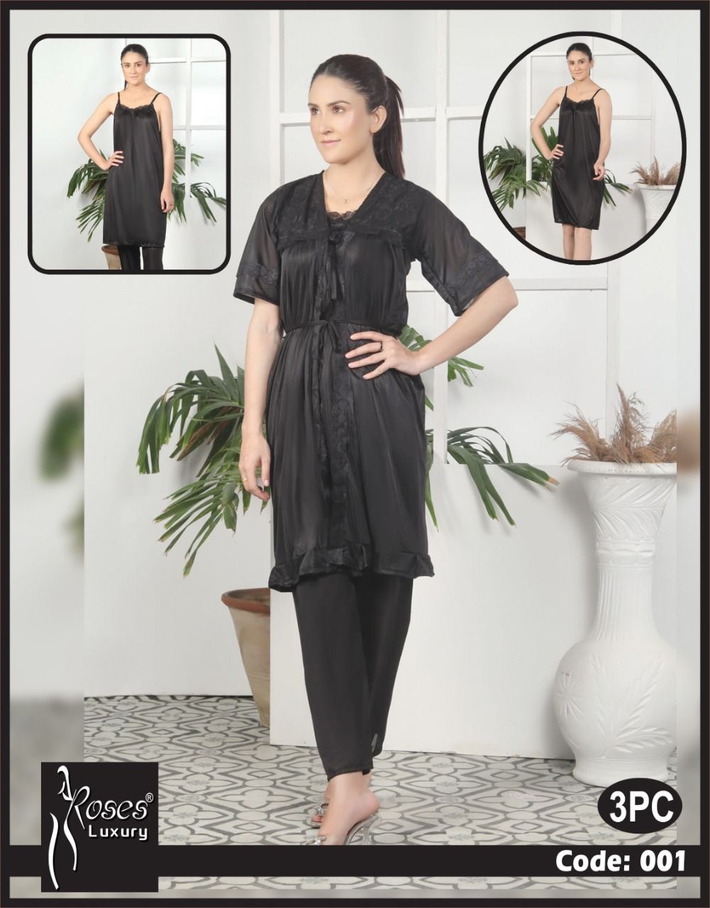 3 Piece Women's Top Relaxing Soft Silk Sleepwear (NN-001-Black) - Oshi.pk - Buy & Sell Online