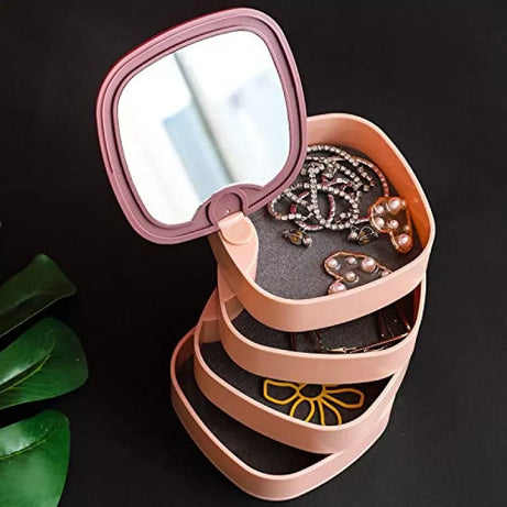 360 Rotating Jewelry Storage Box 4 Layers Portable Travel Jewellery Holder Jewelry Organizer Necklaces Bracelets Rings Earrings Holder with Mirror - Oshi.pk - Buy & Sell Online
