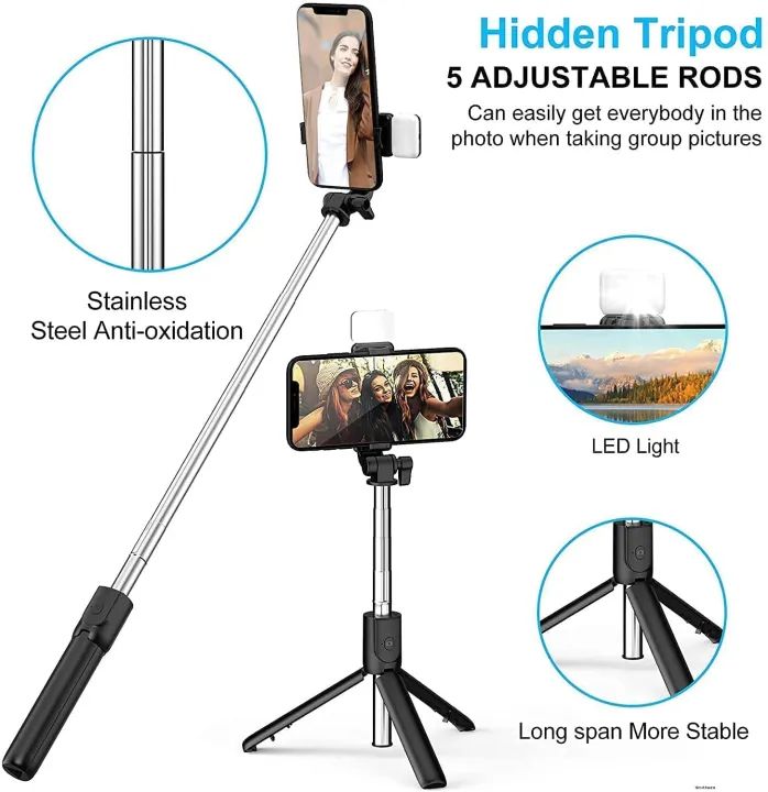 4 in 1 Wireless Selfie With Fill Light Stick Tripod Bluetooth Shutter selfie Light foldable Selfie stick for all Phone Extendable With charging Cable - Oshi.pk - Buy & Sell Online