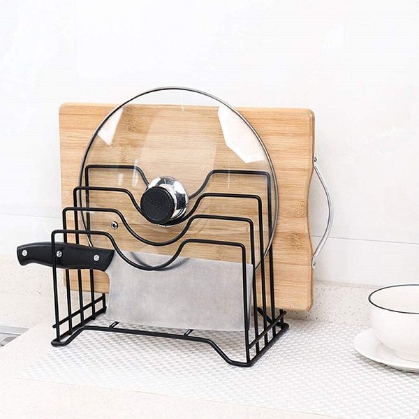 4 Slot Pan Cover Storage Rack Kitchen Cabinet Plate Pot Lid Organizer Stand - Oshi.pk - Buy & Sell Online