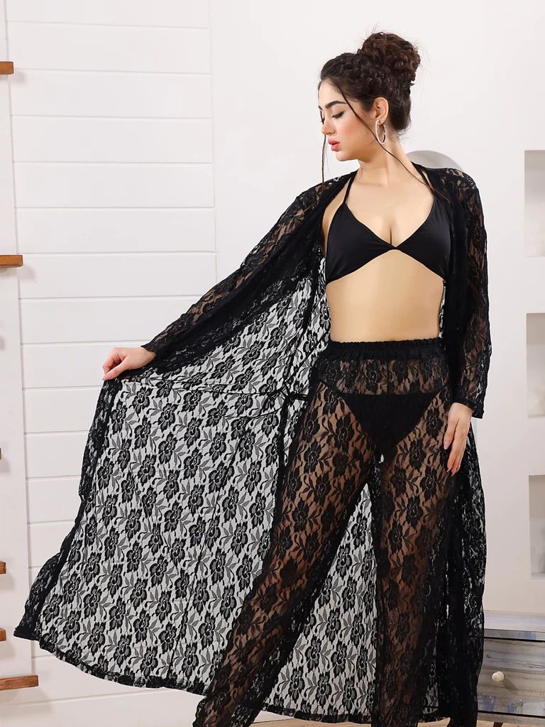 4pc See Through Robe, Long Sheer Robe With Pajamas (Black) - Oshi.pk - Buy & Sell Online
