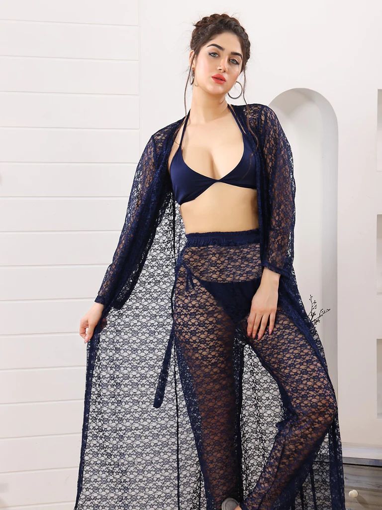 4pc See Through Robe, Long Sheer Robe With Pajamas (Blue) - Oshi.pk - Buy & Sell Online