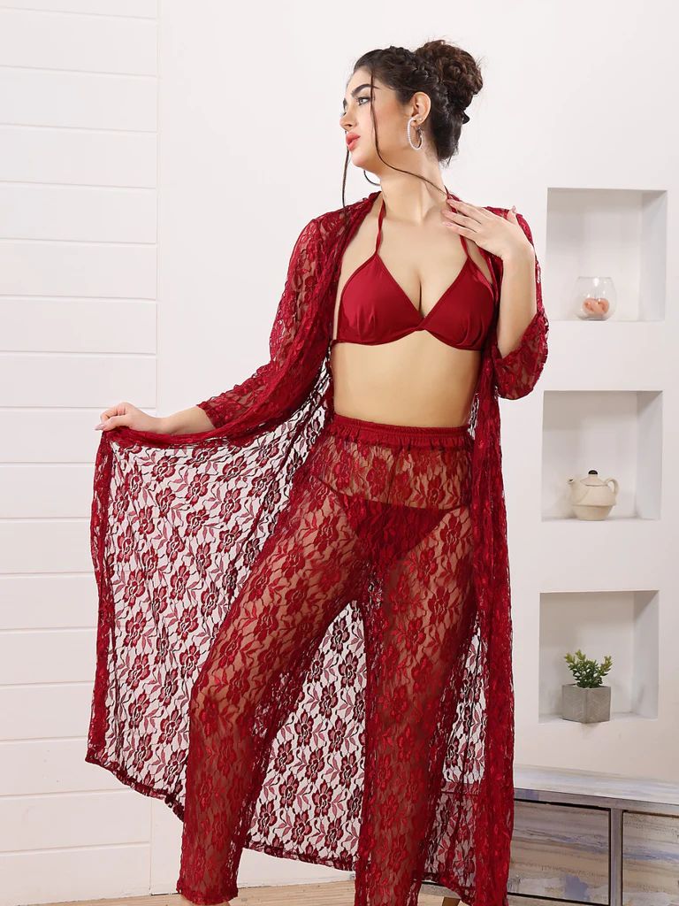 4pc See Through Robe, Long Sheer Robe With Pajamas (Maroon) - Oshi.pk - Buy & Sell Online