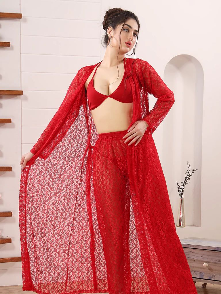 4pc See Through Robe, Long Sheer Robe With Pajamas (Red) - Oshi.pk - Buy & Sell Online