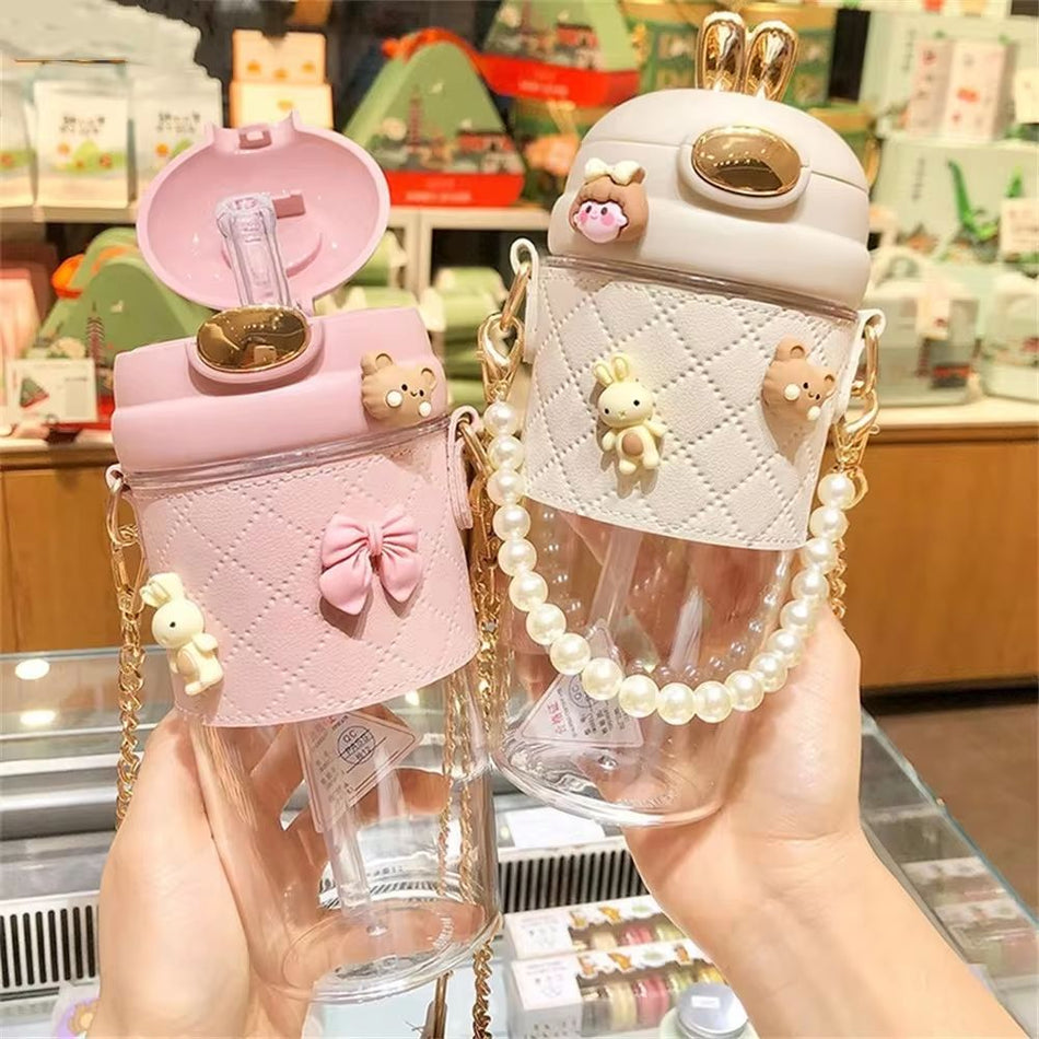 500ml Cute Rabbit Ear Plastic Water Bottles With Straw For Girls Kids Portable Strap Student Bottle With Cup Cover - Oshi.pk - Buy & Sell Online