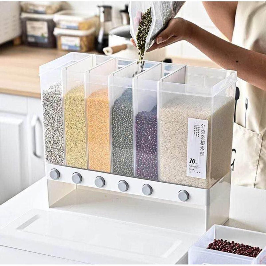 6-Grid Storage Wall Mounted Food Dispenser Whole Grains Rice Bucket Large Capacity Dry Food Dispenser, Dry Food Fruit Storage Box For Home and Kitchen - Oshi.pk - Buy & Sell Online
