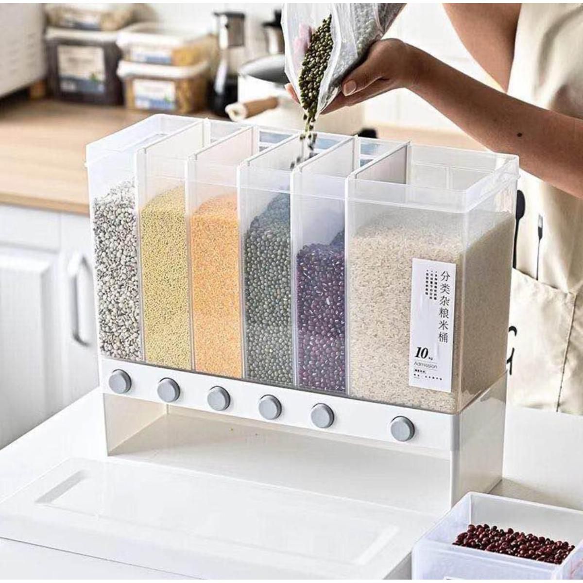 6-Grid Storage Wall Mounted Food Dispenser Whole Grains Rice Bucket Large Capacity Dry Food Dispenser, Dry Food Fruit Storage Box For Home and Kitchen - Oshi.pk - Buy & Sell Online