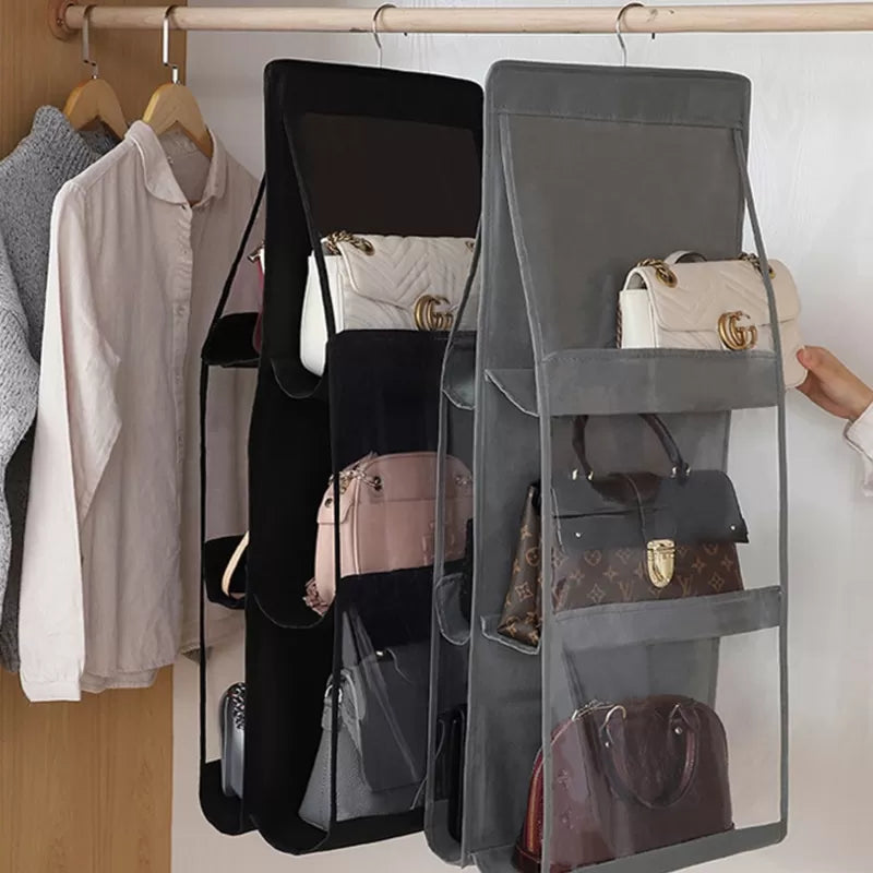 6 Pocket Hanging Handbag Organizer for Wardrobe Closet Transparent Storage Bag Door Wall Clear Sundry Shoe Bag with Hanger Pouch - Oshi.pk - Buy & Sell Online