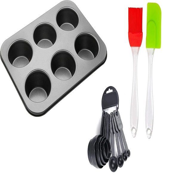 6 Slot Muffin Tray with 10pcs Measuring Cup Spoon Set and Silicon Spatula Brush Set - Oshi.pk - Buy & Sell Online