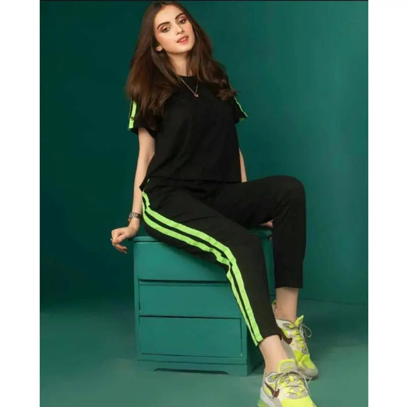 Plain Black with Green Stripes Half Sleeves Track Suit for Women - Oshi.pk - Buy & Sell Online