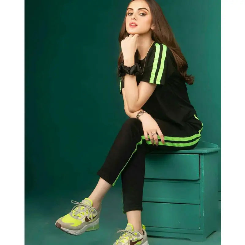 Plain Black with Green Stripes Half Sleeves Track Suit for Women - Oshi.pk - Buy & Sell Online