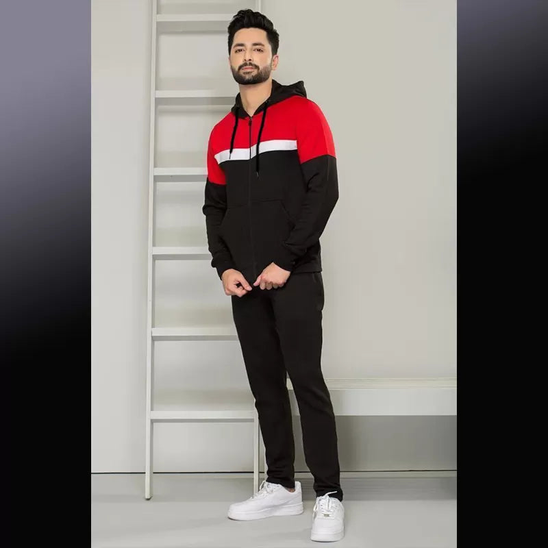 Mens Black And Red Hooded Fleece Slim Fit Tracksuit (ABZ-103) - Oshi.pk - Buy & Sell Online