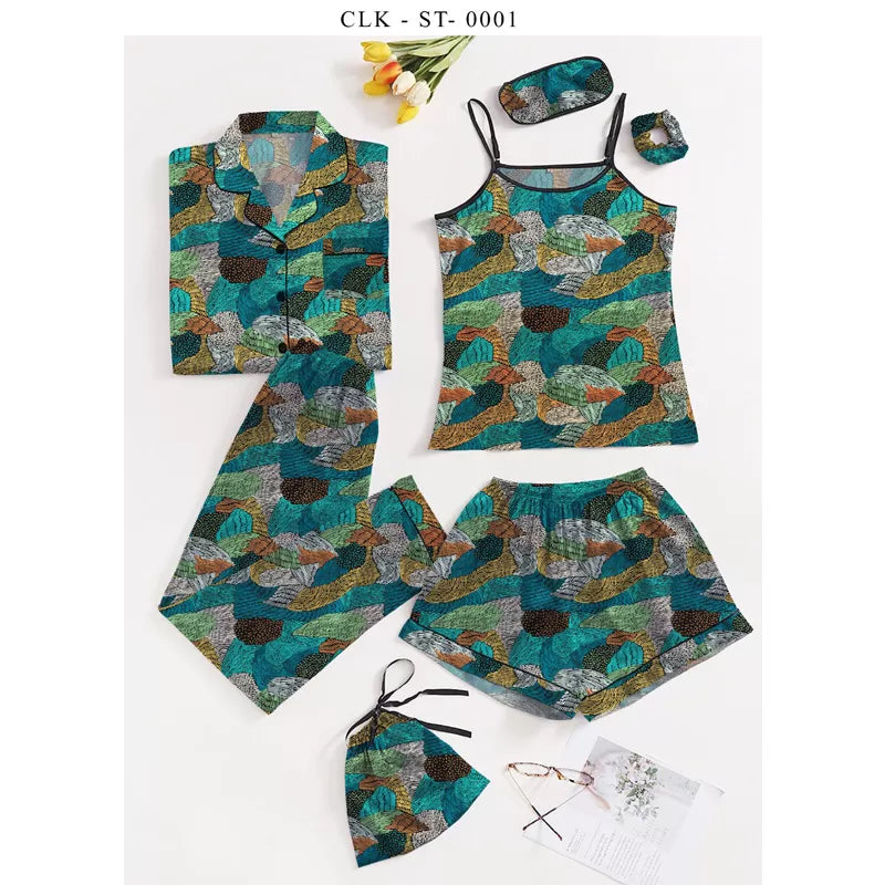 7pcs Floral Print Satin Pajama Set (Design-44) - Oshi.pk - Buy & Sell Online