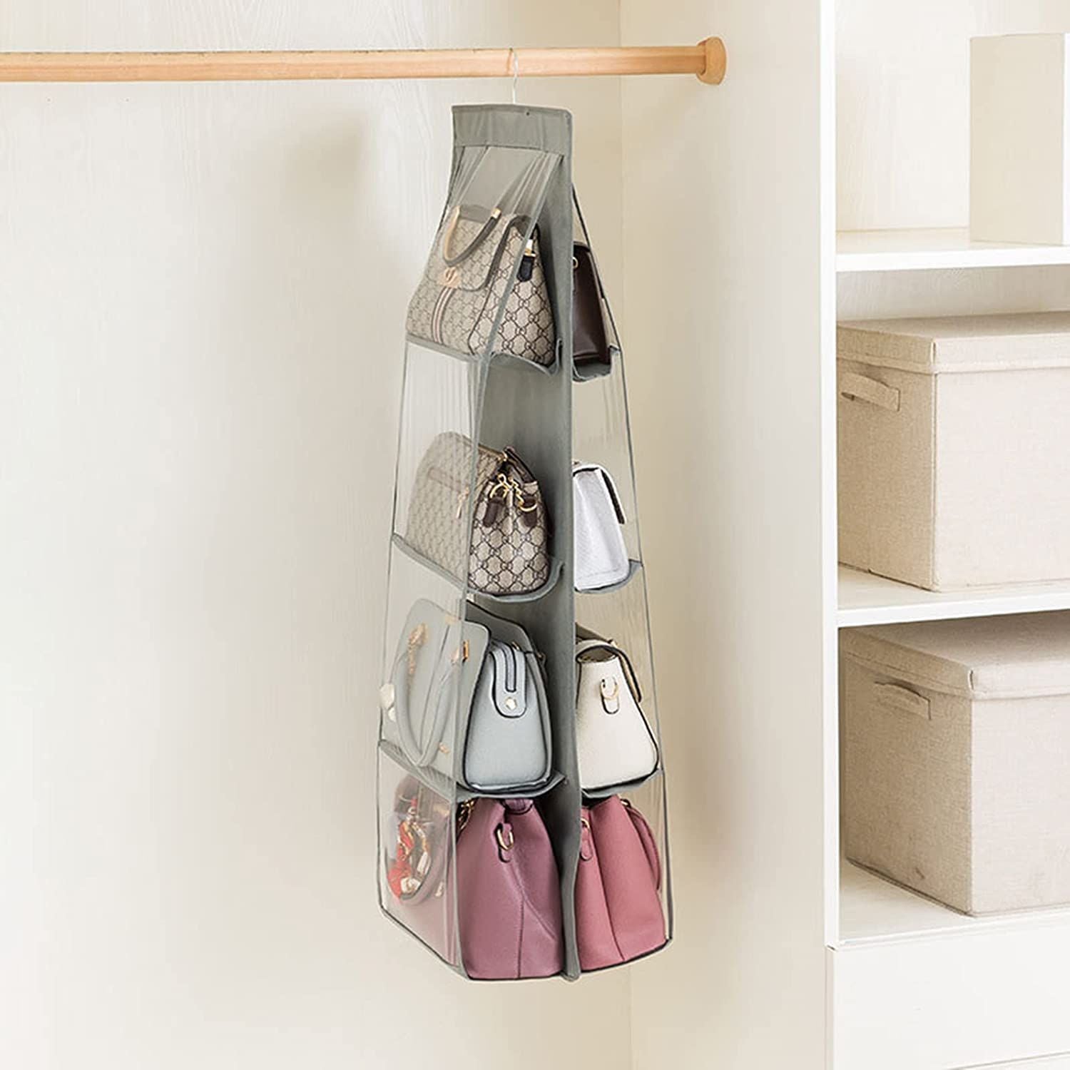 8 Pockets Hanging Purse Handbag Organizer 1 Pcs with Stainless Steel Hook 75gsm Clear Hanging Shelf Bag Collection Storage - Oshi.pk - Buy & Sell Online