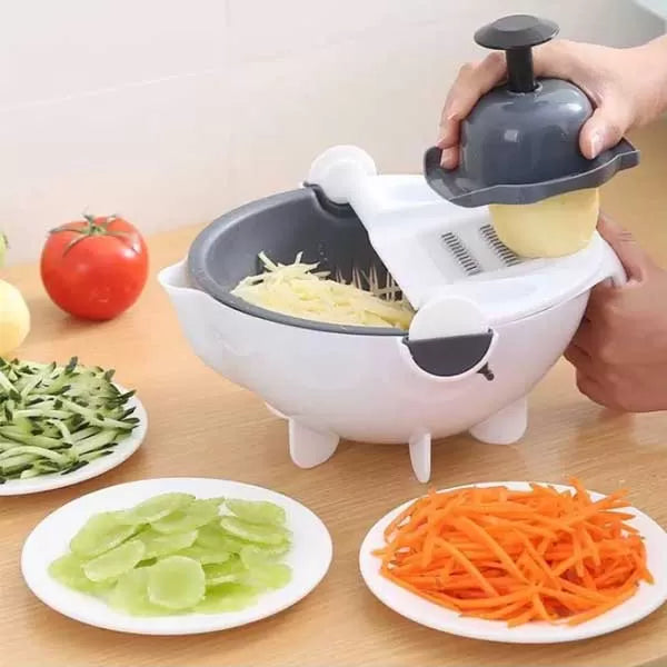 9 in 1 Multifunction Magic Rotate Vegetable Cutter with Drain Basket, New Veggie Mandoline Slicer Grater Shredder, Food Strainer Fruit Colander