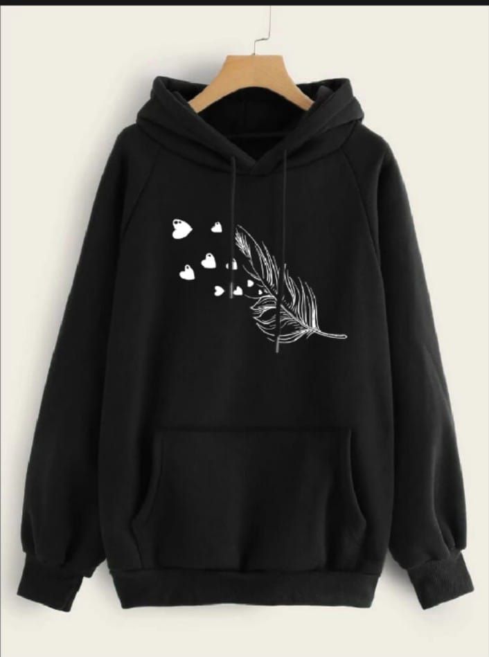 Leaf Printed Fleece Full Sleeves Pull Over Hoodie In Black For Women & Girls - Oshi.pk - Buy & Sell Online