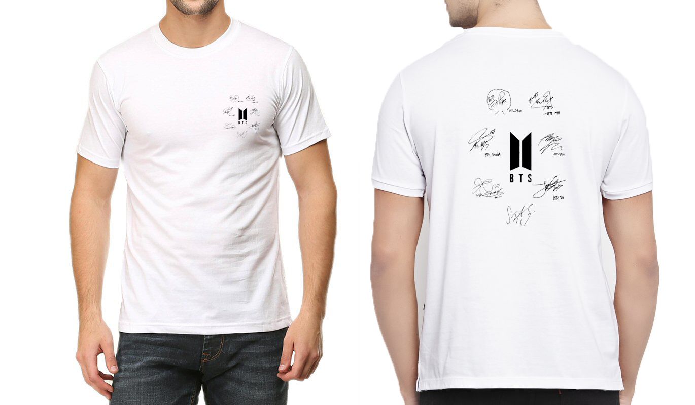 Amazing Summer Collection Smart Fit Trendy Signature Bts Front Back Printed For BTS Fan n Lovers Half Sleeves Bts member sign White Shirt For Men - Oshi.pk - Buy & Sell Online