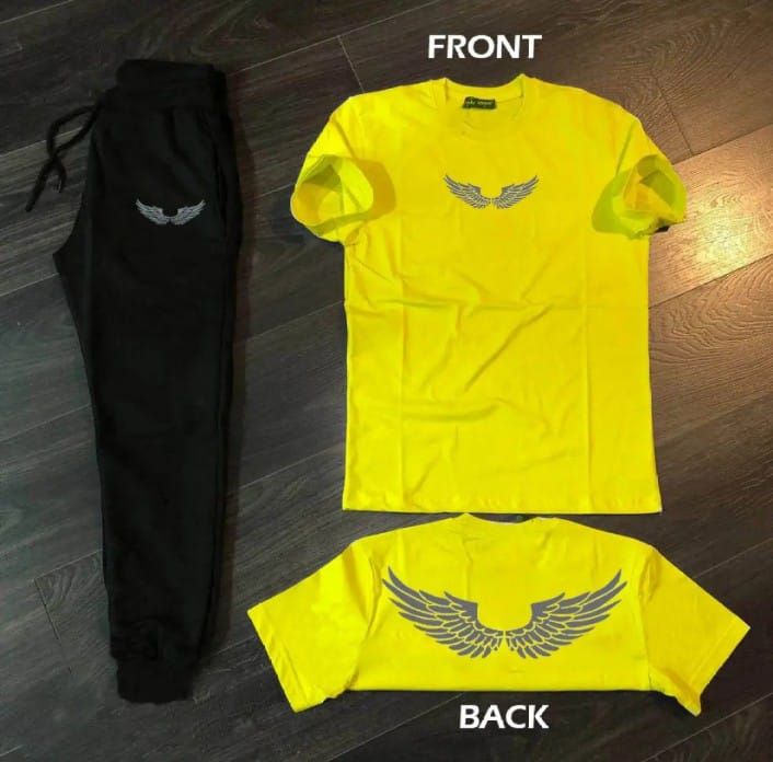 Angel Silver WIngs Printed Cotton Half Sleeves O Neck Black Trouser & Yellow T shirt - Oshi.pk - Buy & Sell Online