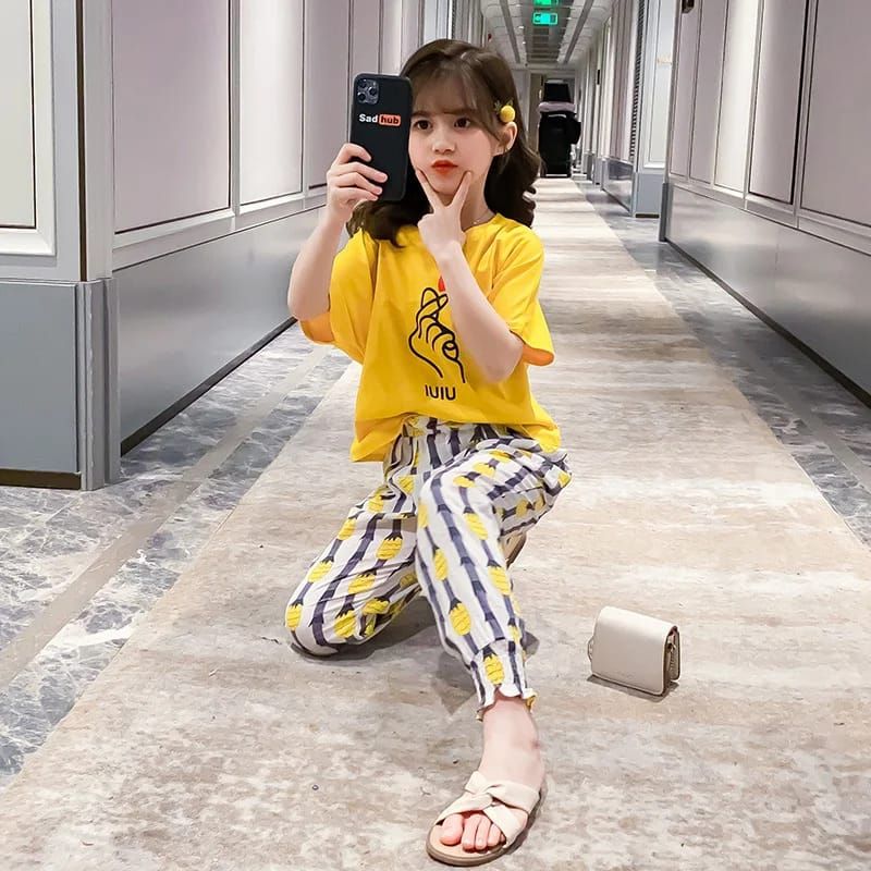 Baby Or Baba Yellow Hand Print Half Sleeves T-shirt With Pineapple Printed Pajama Night Suit for Kids (1 Pcs) - Oshi.pk - Buy & Sell Online