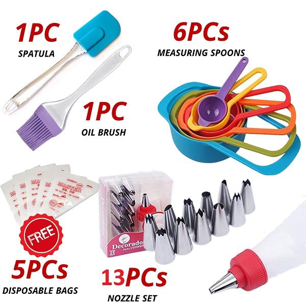 Best Cake Baking Deal Decorating Cake Nozzle Set Silicon Spatula Oil Brush and Measuring Spoons - Oshi.pk - Buy & Sell Online