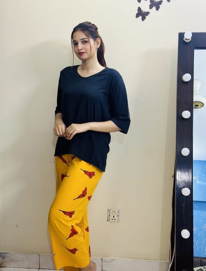 Black Plain V Neck Quater Sleeves Tshirt and Plazo Pajama Home Wear - Oshi.pk - Buy & Sell Online