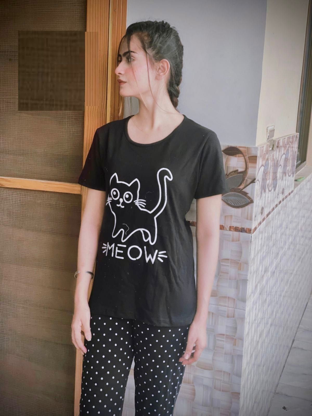 Black Meow with Dotted Style Pajama Half sleeves night suit for her - Oshi.pk - Buy & Sell Online