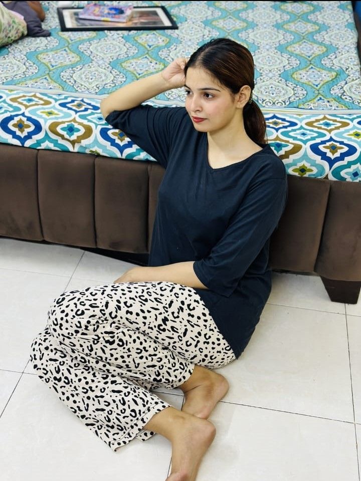 Black Plain V Neck Quater Sleeves Tshirt and Offwhite Printed Plazo Pajama Home Wear (DESIGN 2) - Oshi.pk - Buy & Sell Online