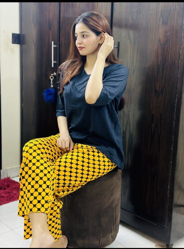 Black Plain V Neck Quater Sleeves Tshirt and Yellow Printed Plazo Pajama Home Wear - Oshi.pk - Buy & Sell Online