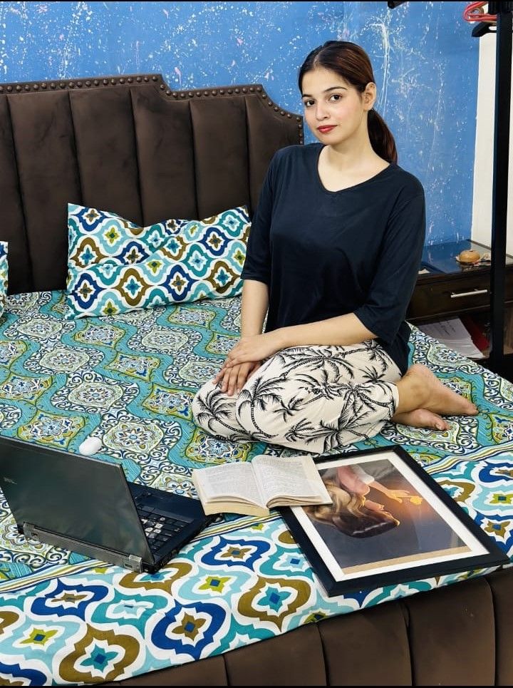 Black Plain V Neck Quater Sleeves Tshirt and Offwhite Printed Plazo Pajama Home Wear - Oshi.pk - Buy & Sell Online