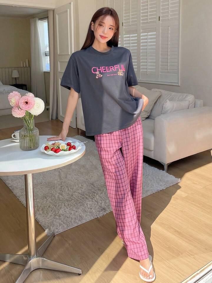 Grey Cheer full Printed Half Sleeves Tshirt and Checkered Pajama Home Wear - Oshi.pk - Buy & Sell Online