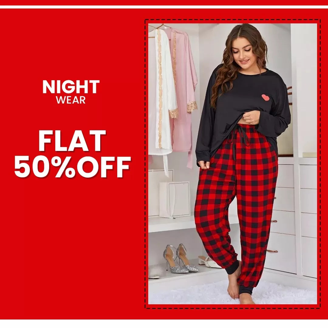 Black with Red Heart with Red Check Pajama Full Sleeves Night Suit for her - Oshi.pk - Buy & Sell Online