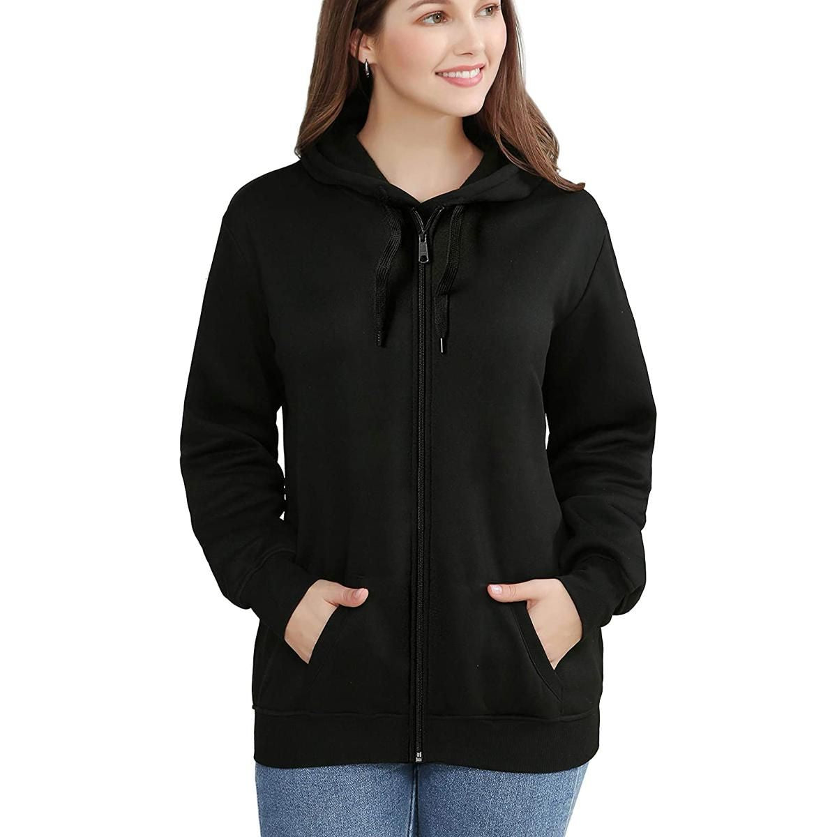 Black Zipper Fleece Plain Pull Over Hoodie For Women And Girls - Oshi.pk - Buy & Sell Online